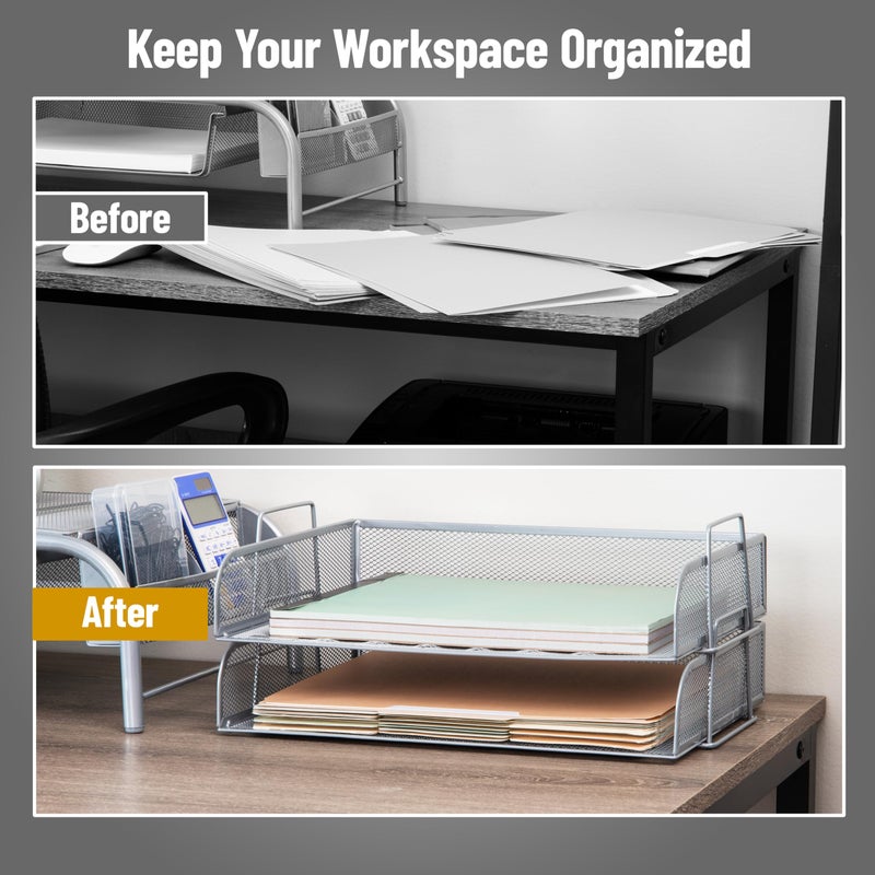Mind Reader Stackable Paper Tray, Desktop Organizer, File Storage, Office, Metal Mesh, 13.25" L x 9.75" W x 6.25" H, 2 Pcs., Silver - Image 5